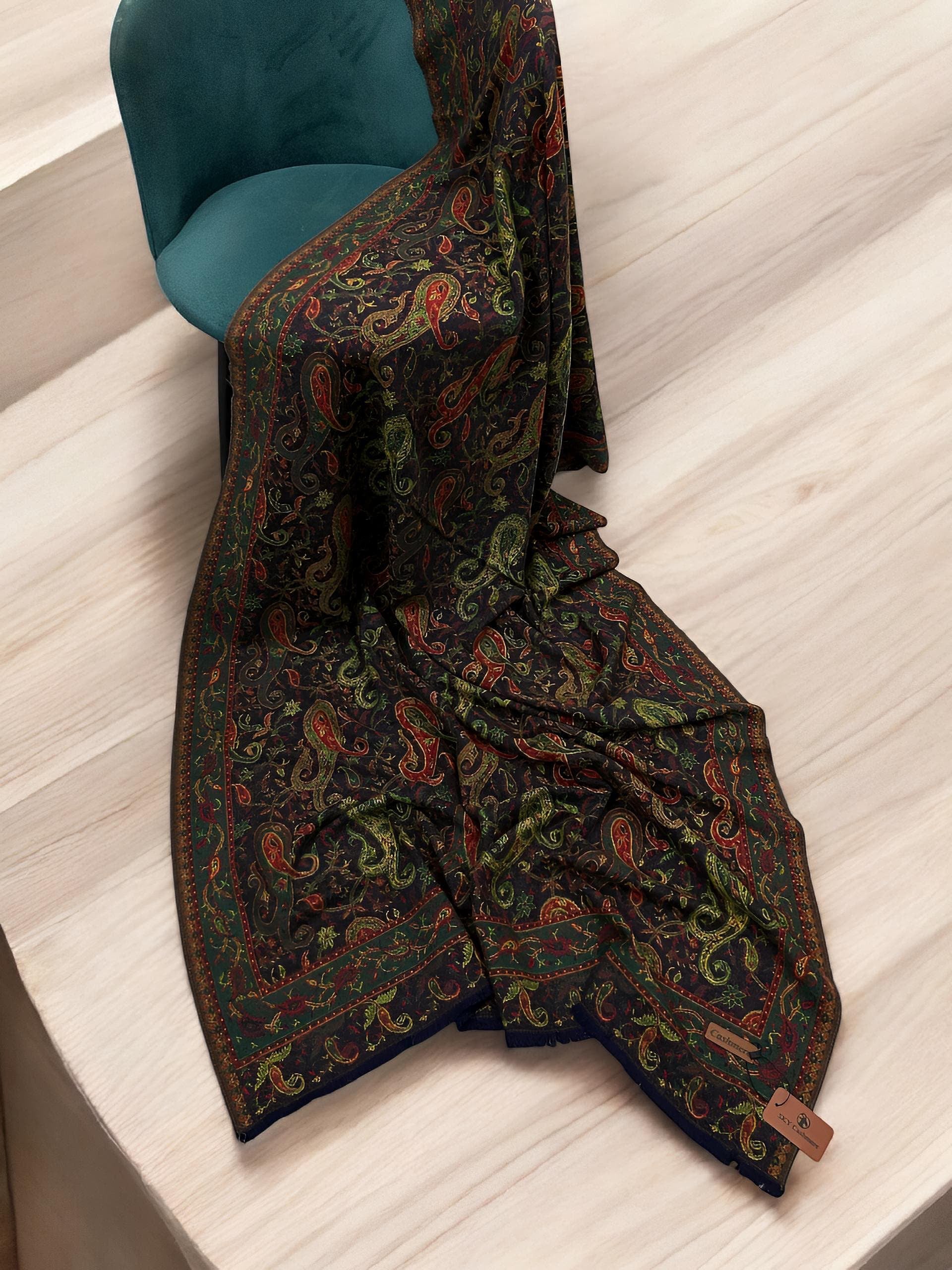 Pashmāra Shawl - Black Green Paisley - woomex.pk
