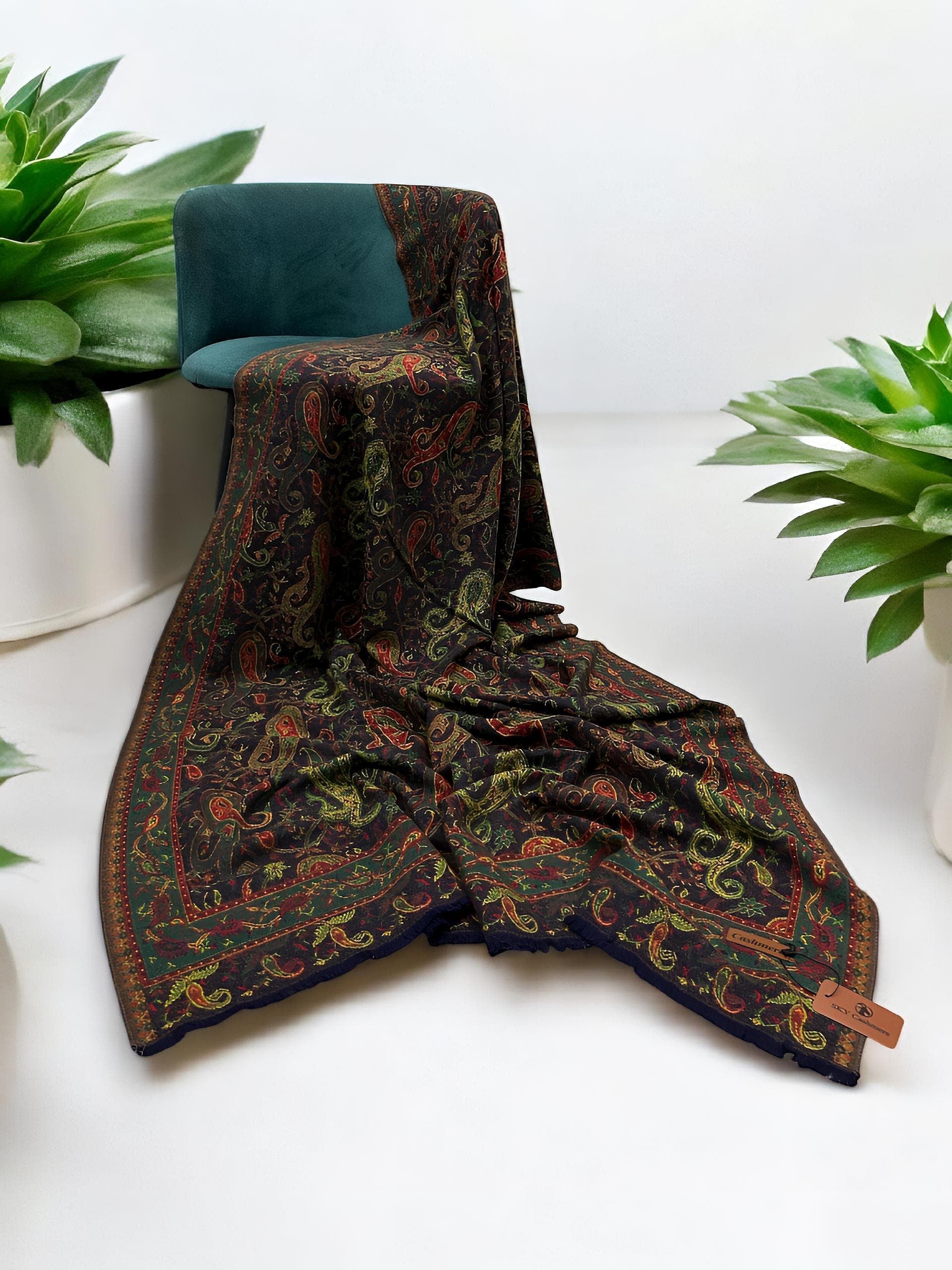 Pashmāra Shawl - Black Green Paisley - woomex.pk