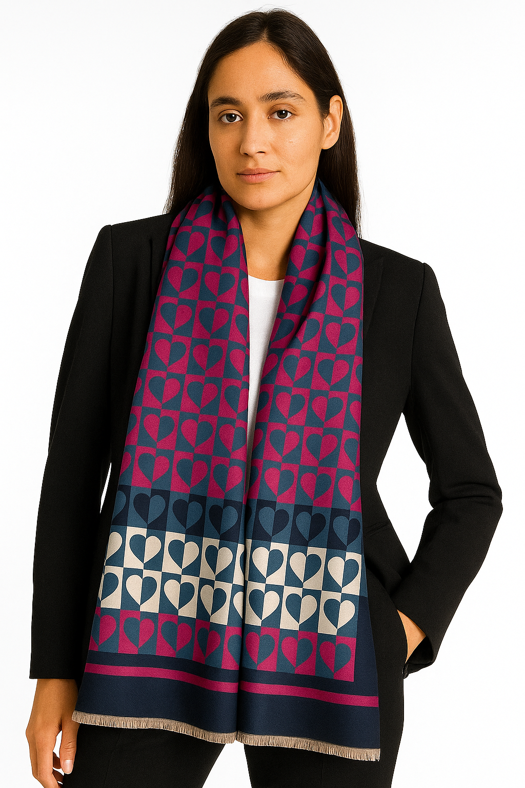 Luxury Branded Wool Scarf - Blue Pink Hearts - woomex.pk