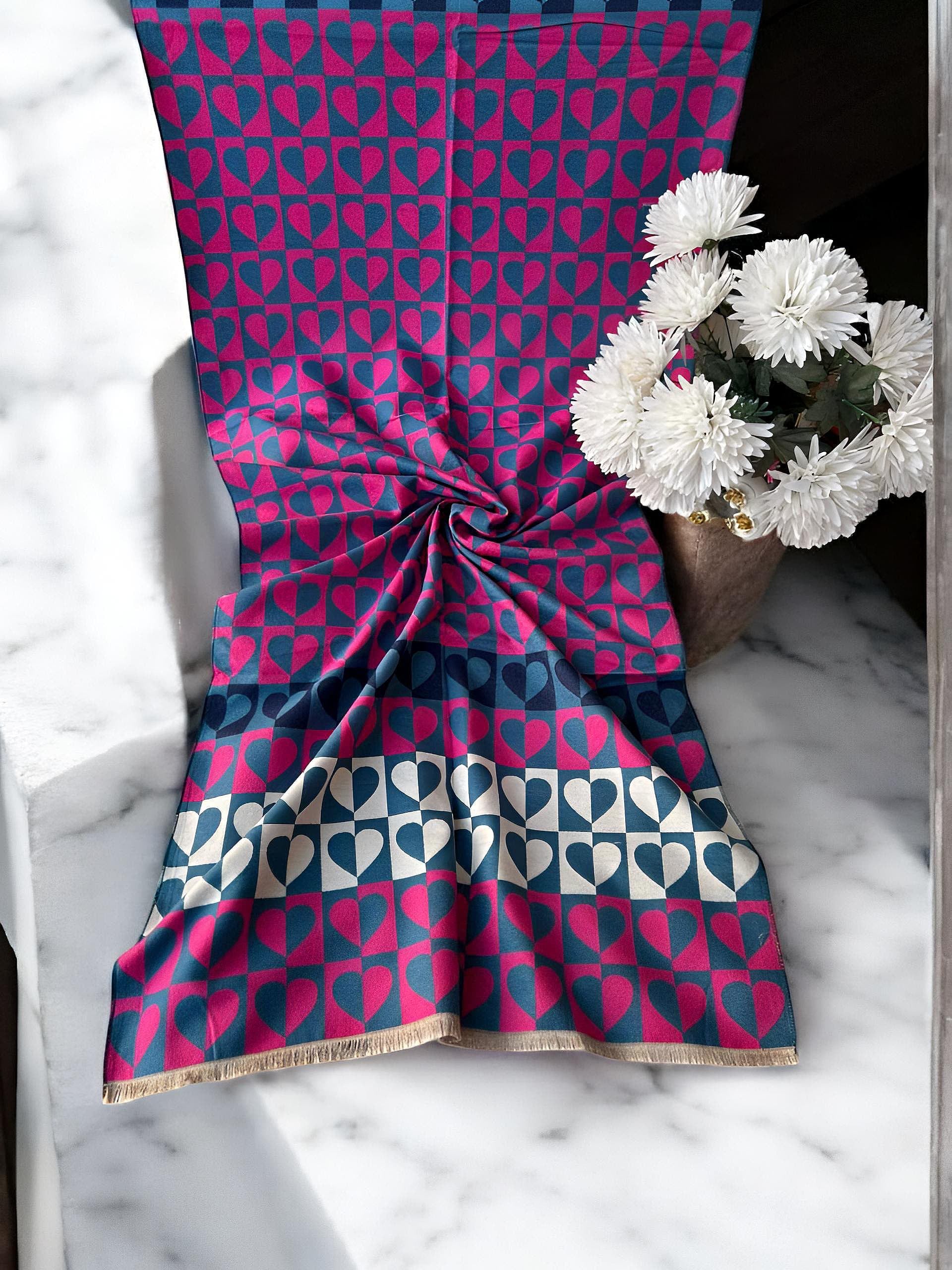 Luxury Branded Wool Scarf - Blue Pink Hearts - woomex.pk