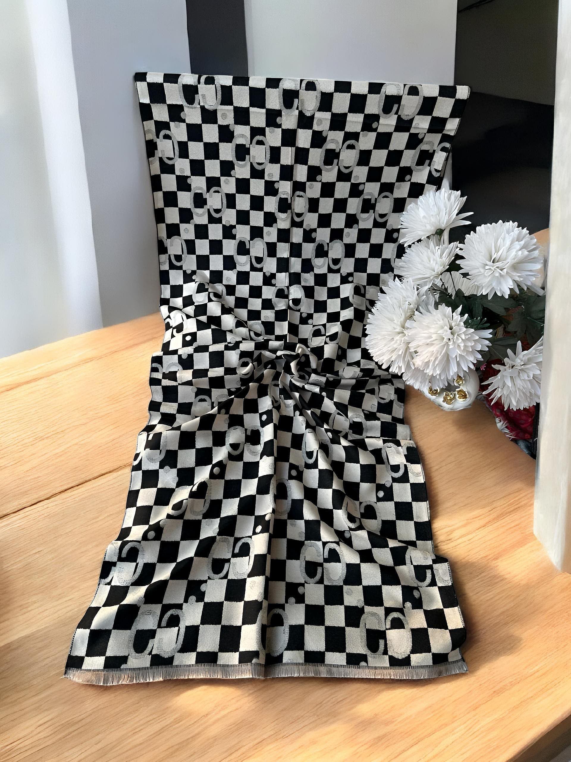 Luxury Branded Wool Scarf - Black White Gucci - woomex.pk
